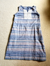 Womens Dress-TALBOTS-blue/wht/pink striped lined lacey trim Cottagecore BOHO-12