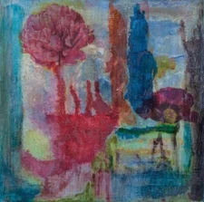 Danish artist. Mixed media on canvas. Abstract composition with flowers.