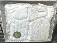 NEW NWT 2 piece White PLUSH Cable Knit Sweater/Hat-Layette Boxed Set Sz 0-6M