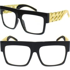 Celebrity Clear Lens Glasses Metal Link Chain Sides Flat Top Large Bold Hip Hop
