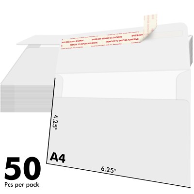 White Invitation Paper Envelope A4 4.25''x6.25'' Self Seal for 4x6 Card Photo 50PK