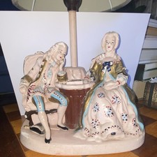 Ceramic Figurine Chess Couple Table Lamp Rococo Floral Drum Shade Warm White