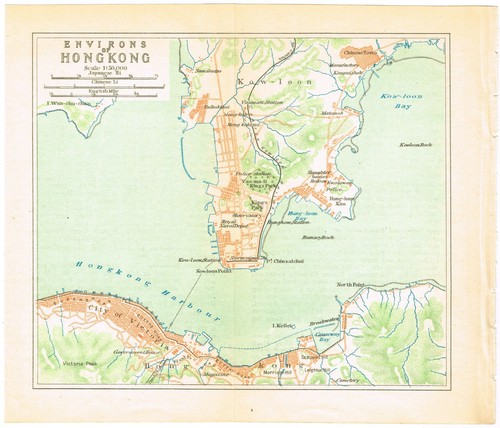 HONG KONG 1924 Kowloon Original Antique Vintage map China 1924 map 香港 Kow-loon