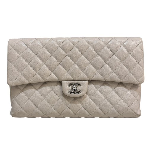 CHANEL Turnlock Clutch Bag Embossed Leather Off White Silver Hardware