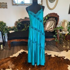 Vintage lingerie slip Pleated Lace Trim Maxi Dress Size M Blue