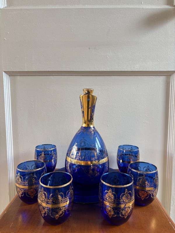 Laguna Murano Venetian Cobalt & Gold Decanter, Glass, & Tray Set | 1998 | Signed