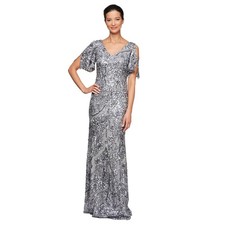 Alex Evenings Womens Long Mother of The Bride Sequin Dress, Silver