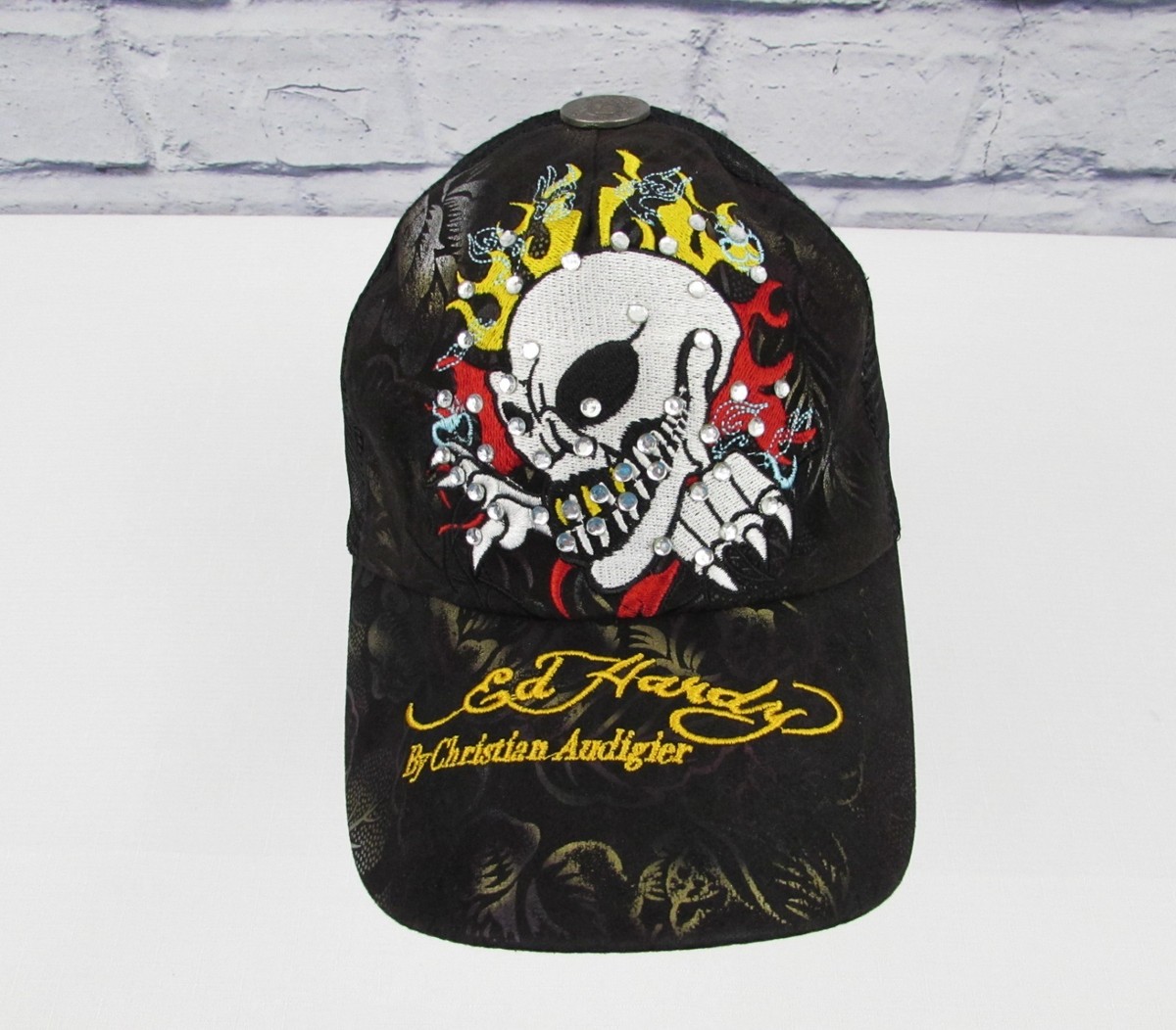 Ed Hardy By Christian Audigier Snap Back Skull Rhinestone Black