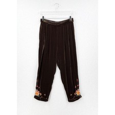 JOHNNY WAS Velvet Pants Women S Brown Silk Blend Boho Floral Embroidered