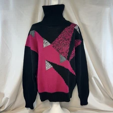 Vintage Gitano Turtleneck Sweater 80s Geometric Pink n Black Sz Large