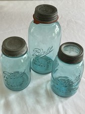 VINTAGE Blue BALL Glass PERFECT Mason Jar 1/2 Gallon Quart Zinc Lid # 5 2 0 Lot