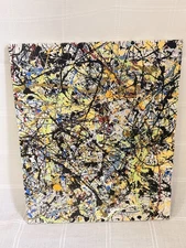 Pollock Style Abstract Drip Painting Modern Art Canvas 24x19.5 Signed