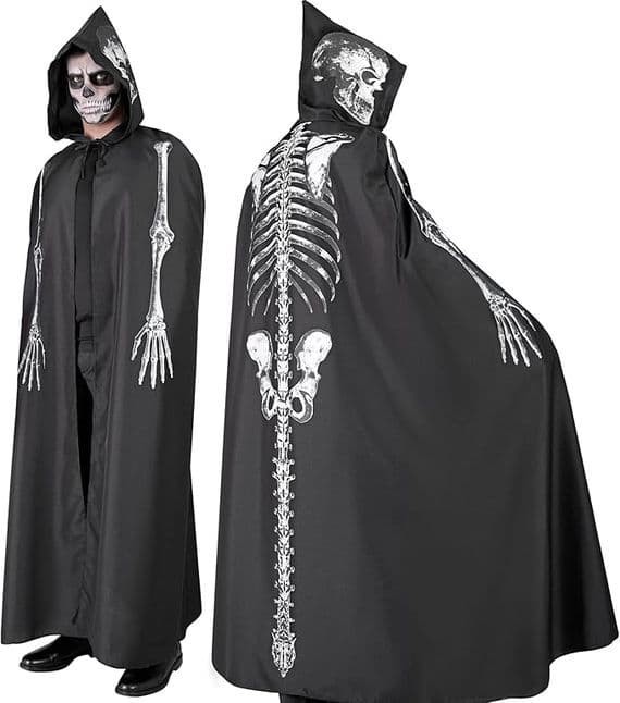Adult Skeleton Hooded Cape Halloween Fancy Dress Costume