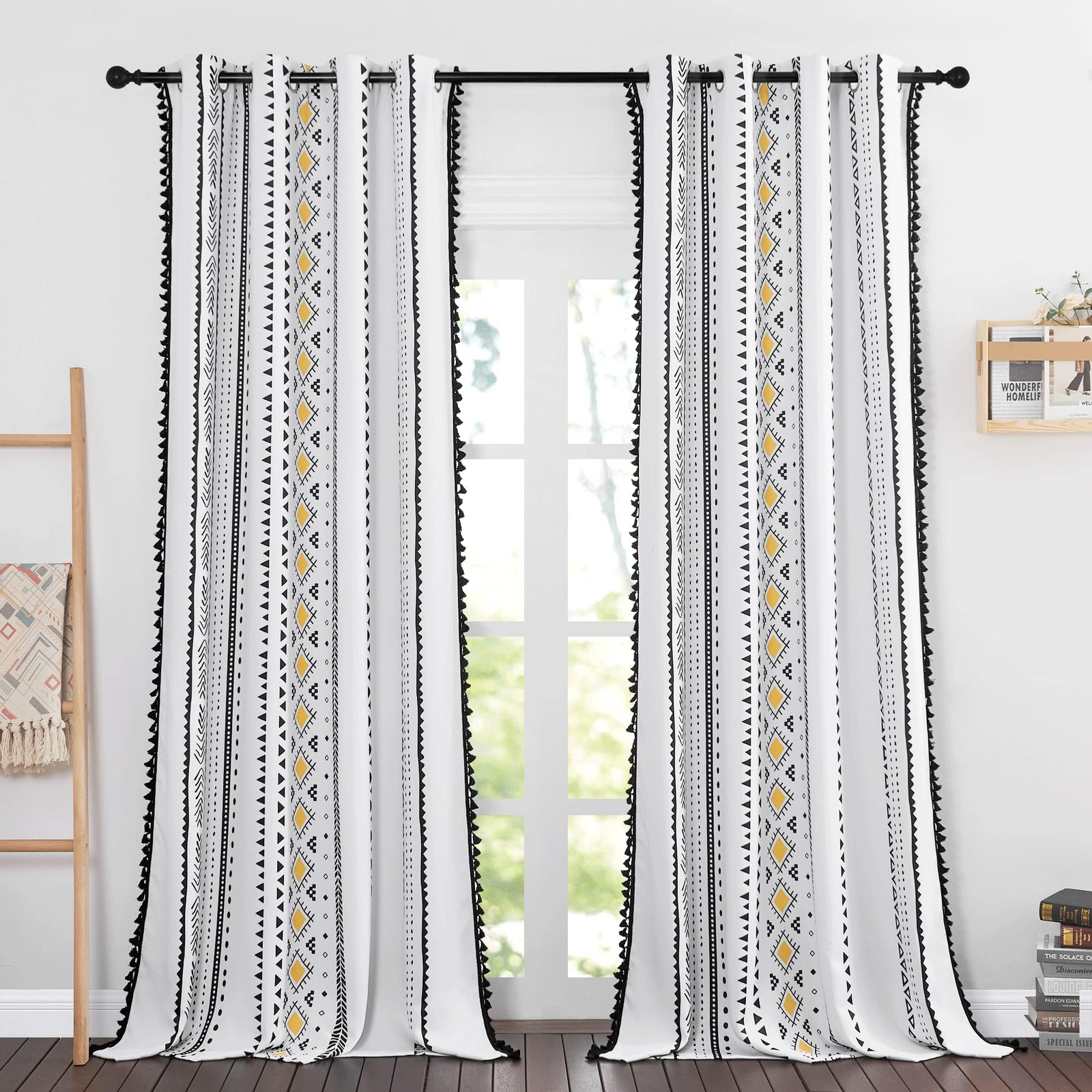 White Boho Fall Macrame Curtains 84 Inch 2-Panel Grommet Decorative Window Drapes