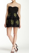 BCBGMAXAZRIA Tia Embroidered Strapless Mini Dress Black Yellow Floral Lace 8P