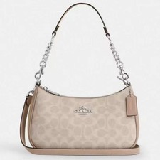 Coach Teri CV933 Shoulder Bag In Signature Canvas Silver /Sand/Taupe NWT