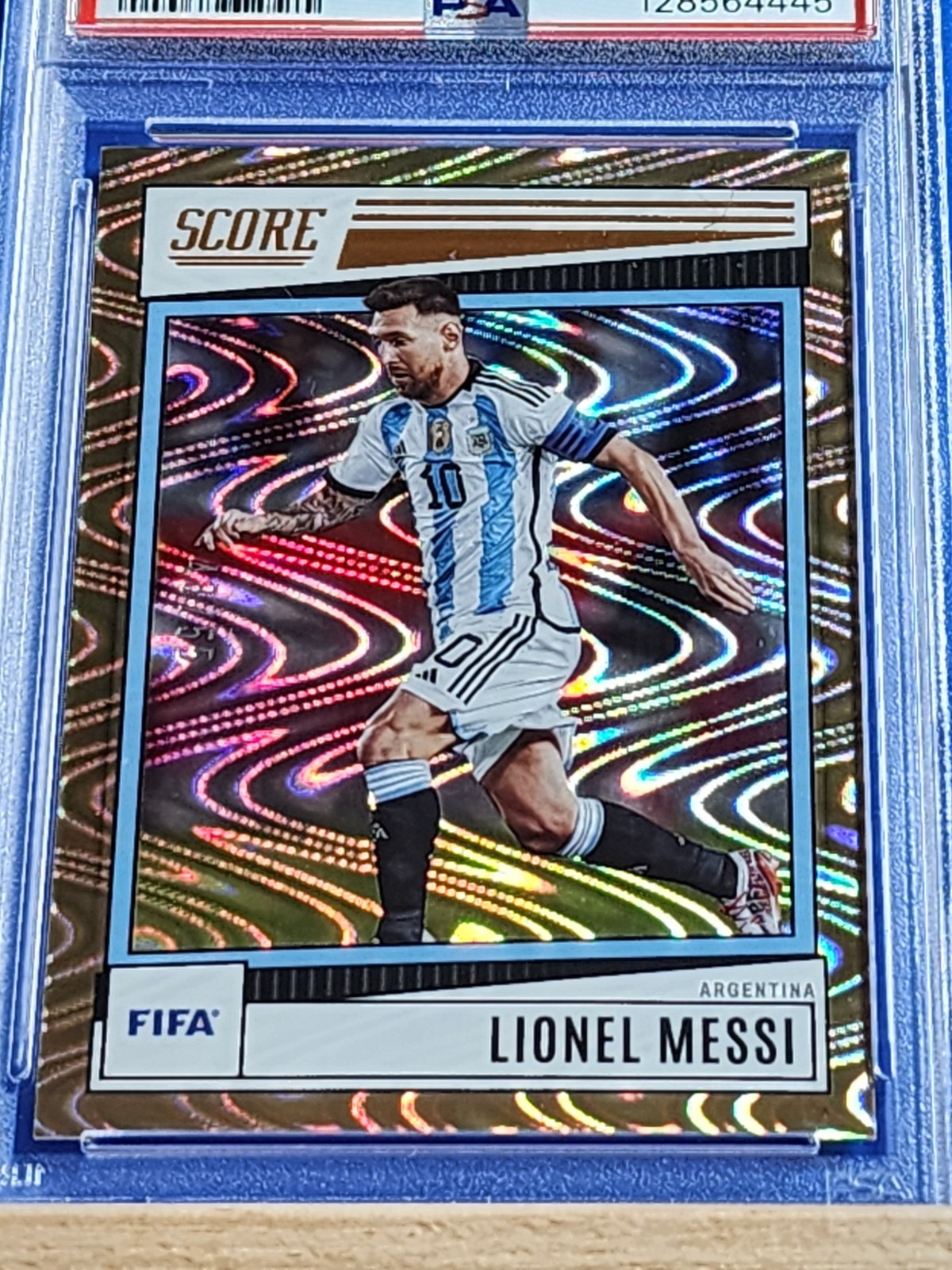 2022-23 Score FIFA #15 (#d /55) Lionel Messi (PSA 8) Bronze Swirl view 5