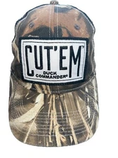 CUT’EM Duck Commander White Patch on Black w Camouflage Front Bill Hat Cap Adj