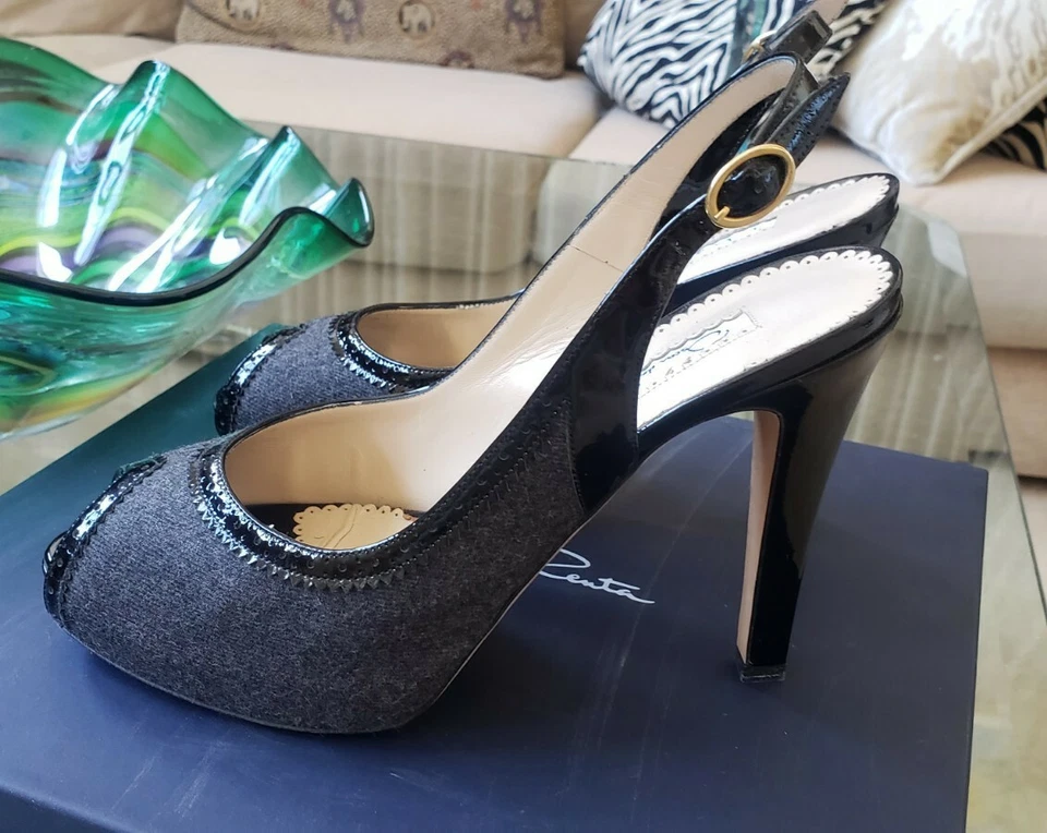 $695 OSCAR DE LA RENTA GRIS NEGRO CHAROL PLATAFORMA HONDA ZAPATOS DE SALÓN PUNTA ABIERTA 9 USADOS EN EXCELENTE ESTADO Foto 3 de 4