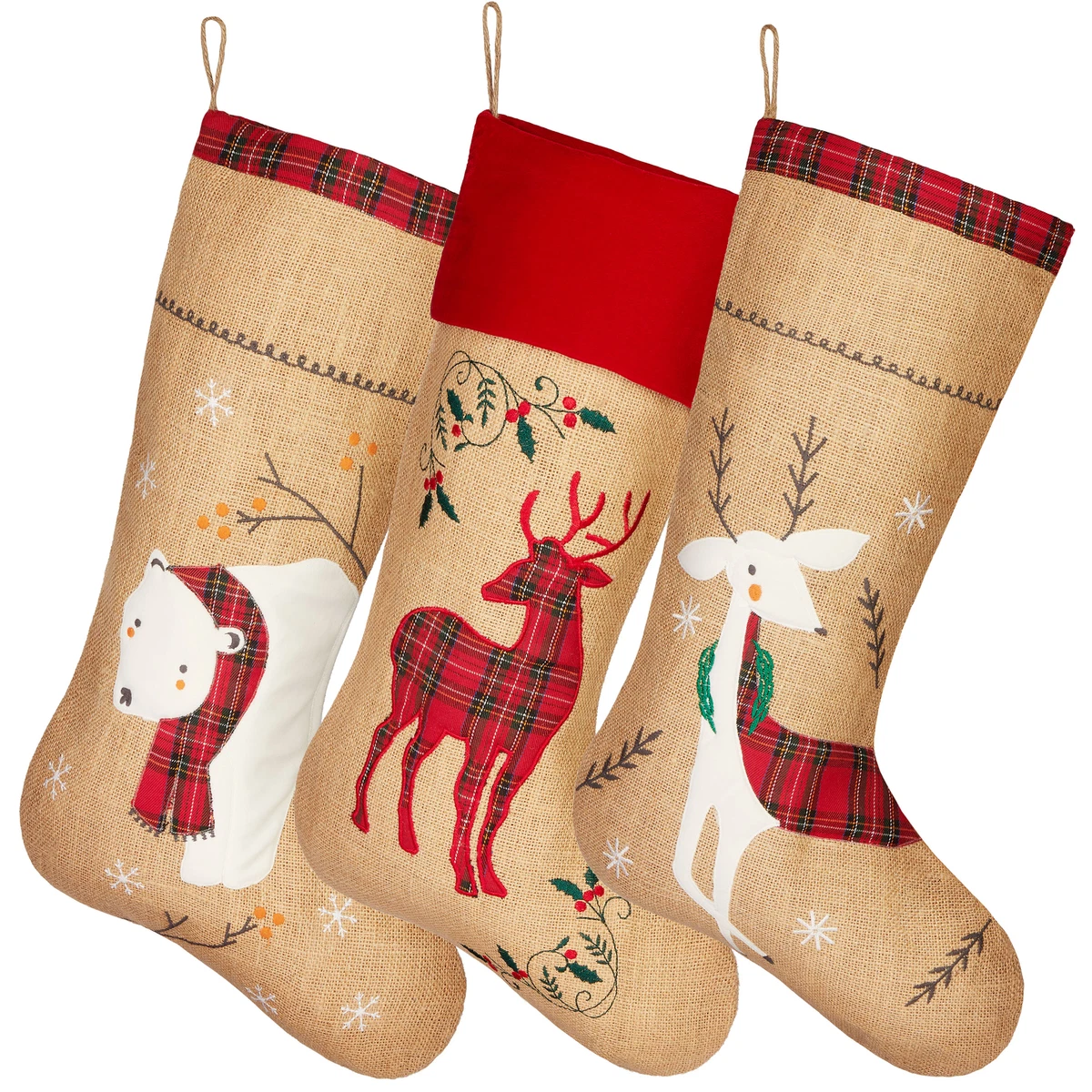 4 Calze Natalizie In Peluche Bianco Con Etichette In Legno Fai-da-te, Lunghe 45 Cm, Decorazioni Natale - 5