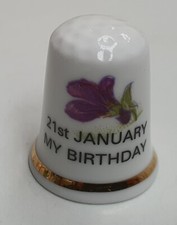 Porcelain 21st January Birthday Thimble Purple Violet 2.5cm Gilt Trim Aquarius
