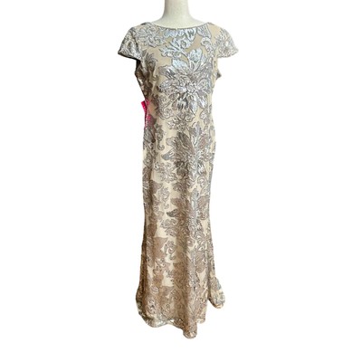 Calvin Klein Gown Women 14 NWT Cap-Sleeve Sequin Dress Floor Length Floral Party