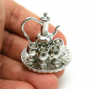 16pcs 1/12 Dollhouse Miniatures Silver Kitchen Coffee Tea Cup Pot Tray Set