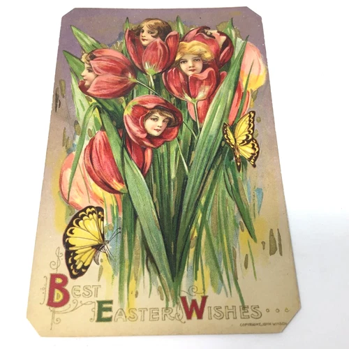 Best Easter Wishes Women's Faces Flowers Butterflies c. 1911 Winsch Postcard