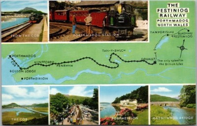 Vintage PORTHMADOG North Wales Postcard ''THE FESTINIOG RAILWAY'' Multi-View / Map