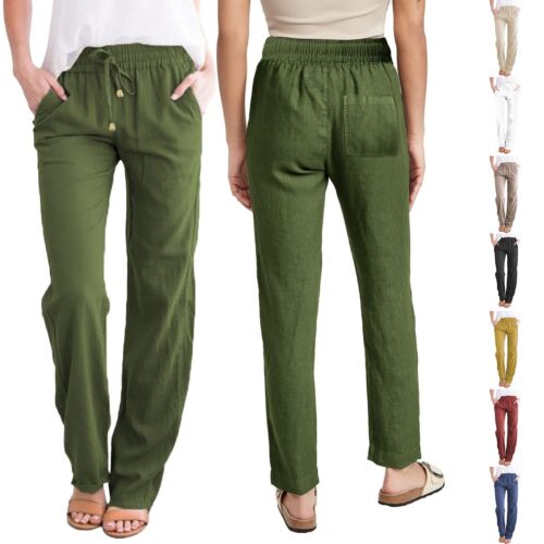Women's Casual Solid Cotton Linen Pants With Elastic Waist Drawstring Long Pants