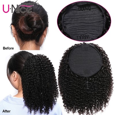 Afro Kinky Curly Ponytail Human Hair Piece For Women Clip In