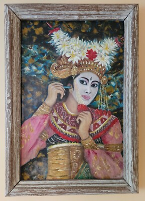 Indonesian Bali Oil Painting Woman Legong  Dancer doing Makeup Asia Balinese
