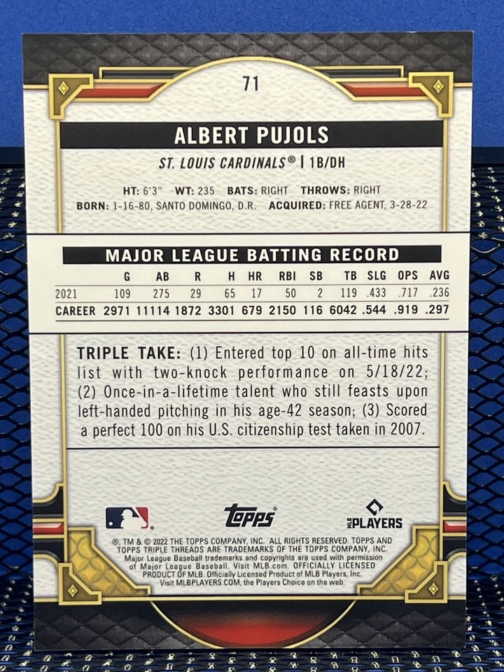 2022 Topps Triple Threads ALBERT PUJOLS St. Louis Cardinals Base 71 - Image 2 of 2