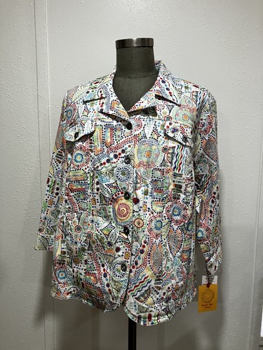 Ruby Rd Denim Trucker Jacket Women Sz 22W Multicolor 3/4 Sleeve Button Front NWT - Picture 1 of 11