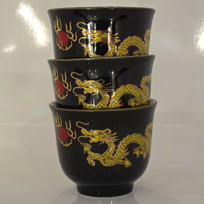 Vintage Chinese Shihou Porcelain Dragon Teacups - Set Of 3
