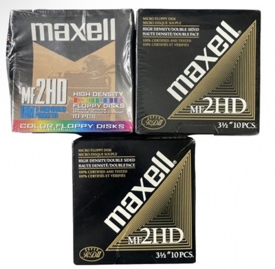 2 FACTORY SEALED BOX of 10 And 1 Open MAXELL MF2HD 3.5'' W/ 9 FLOPPY DISCS