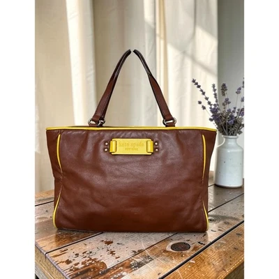 Kate Spade Soft Leather Shoulder Bag Cognac Brown yellow Trim GUC - Image 1 of 4