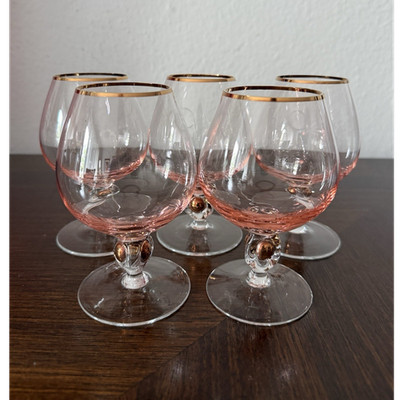 Set of 5 Vintage Zlata Zuzana (Golden Susan) brandy cognac glasses, pink-tinted