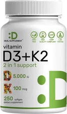 Vitamin D3 5,000 IU + K2 MK7 Softgels, 250 Count 2-in-1 Complex Supports  Bones
