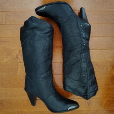 Black Leather 80s Zodiac Women's 6M Vintage Studded Slouch Boots Metal Toe Tips