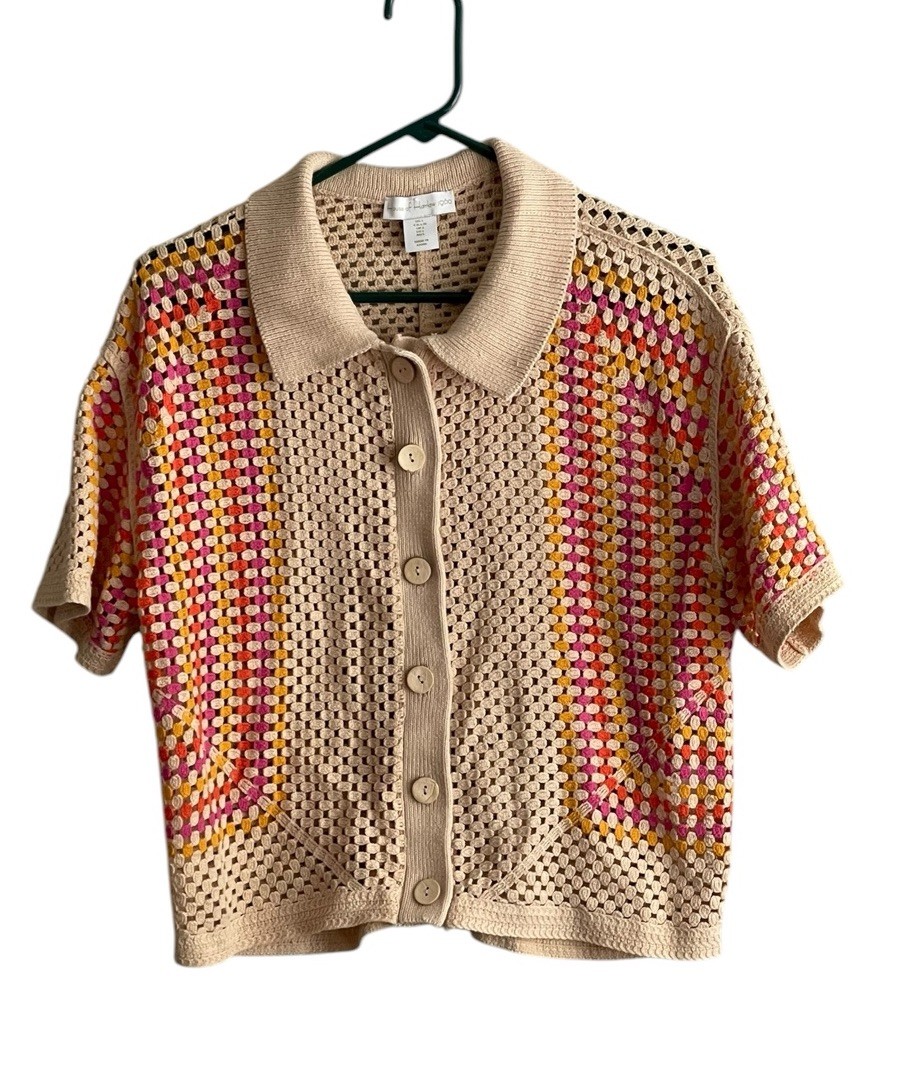 House of Harlow 1960 Top Sz Large Crochet Button Front Collar Boho Retro Cottage
