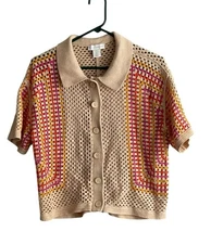 House of Harlow 1960 Top Sz Large Crochet Button Front Collar Boho Retro Cottage