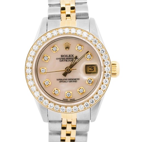 Ladies Rolex DateJust 26mm MOP DIAMOND BEZEL 18K Gold Steel JUBILEE 69173 BOX