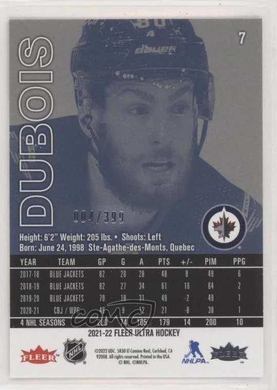 2021-22 Upper Deck Fleer Ultra Blue Foil /399 Pierre-Luc Dubois #7 - Image 2 of 2