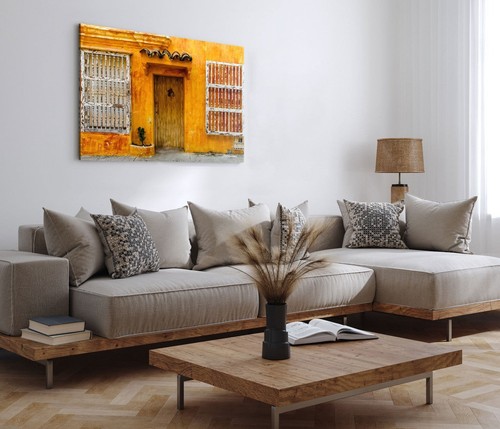 Quadro su tela 120x80 cm vecchia casa di città Cuba arancione vintage porta legno - Foto 4 di 7