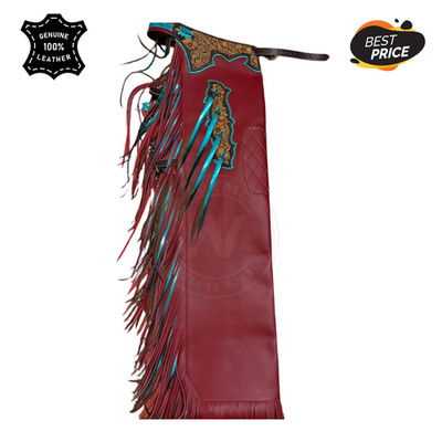 Hand Tooled Red Leather Rodeo Chaps & Turquoise Fringe Western Bull Riding