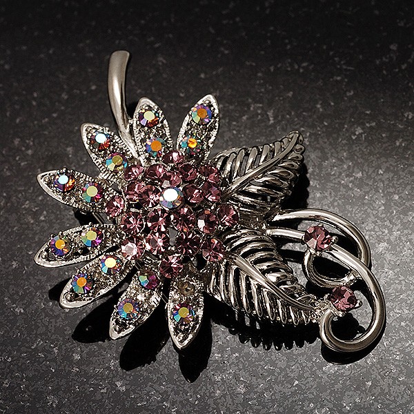 Light Pink Crystal Floral Brooch (Silver Tone)