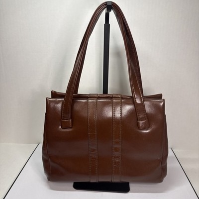 VTG 1960s Style Cognac Brown Faux Leather Satchel   Top Handle, Gold Frame