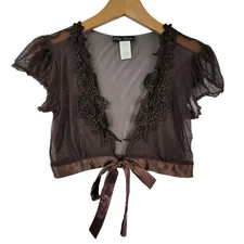Vintage Peep Studio Sheer Mesh Brown Crop Top Satin Trim Crochet Size Medium