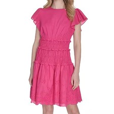 Eliza J Cotton Smocked Embroidered Flutter Sleeve Pink Dress Womens Size 16 NWT